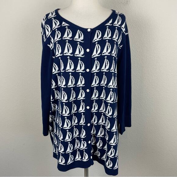 Coldwater Creek Navy White Nautical Sailboat 8 Button Cotton Cardigan 2X - Picture 2 of 8